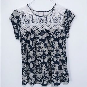 Anthropologie | Postmark White Navy Crochet Top